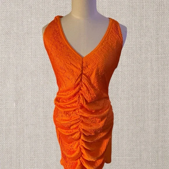Vibrant Orange Ruched Dress.  Ruched Front Detail
#N066 - Picture 4 of 12